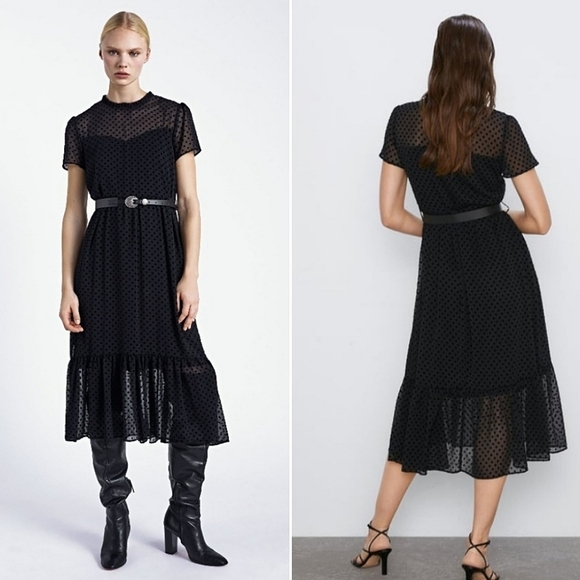 Zara Dresses & Skirts - Zara Black Flock Swiss Dot Mesh Midi Dress